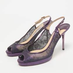 Jimmy Choo Purple Mesh and Leather Peep Toe Platform Slingback Sandals Size 38.5