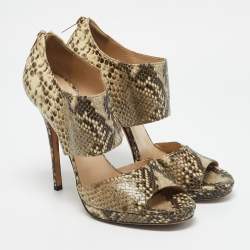 Jimmy Choo Beige/Black Python Embossed Leather Ankle Strap Sandals Size 39.5