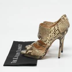 Jimmy Choo Beige/Black Python Embossed Leather Ankle Strap Sandals Size 39.5