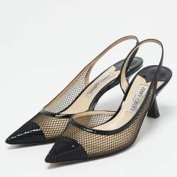 Jimmy Choo Black Mesh and Patent Leather Fetto Slingback Pumps Size 41