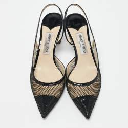 Jimmy Choo Black Mesh and Patent Leather Fetto Slingback Pumps Size 41