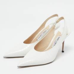 Jimmy Choo White Croc Embossed Leather Pointed Toe Slingback Pumps Size 39.5 