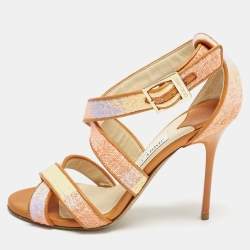Jimmy Choo Multicolour Raffia And Leather Trim Strappy Sandals Size 35