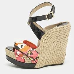 Jimmy Choo Multicolor Canvas and Patent Leather Wedge Sandals Size 38