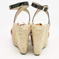 Jimmy Choo Multicolor Canvas and Patent Leather Wedge Sandals Size 38