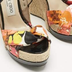 Jimmy Choo Multicolor Canvas and Patent Leather Wedge Sandals Size 38
