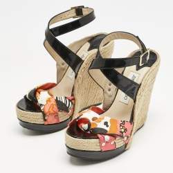 Jimmy Choo Multicolor Canvas and Patent Leather Wedge Sandals Size 38