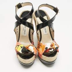 Jimmy Choo Multicolor Canvas and Patent Leather Wedge Sandals Size 38