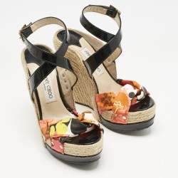 Jimmy Choo Multicolor Canvas and Patent Leather Wedge Sandals Size 38