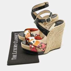 Jimmy Choo Multicolor Canvas and Patent Leather Wedge Sandals Size 38