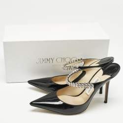 Jimmy Choo Black Patent Leather Bing Crystals Mules Size 41