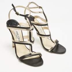 Jimmy Choo Black/Gold Leather Moray Sandals Size 38.5