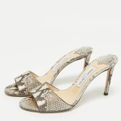 Jimmy Choo Grey/White Python Embossed Leather Stacey Slide Sandals Size 38