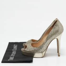 Jimmy Choo Gold/Silver Glitter and Leather Luna Peep Toe Pumps Size 37