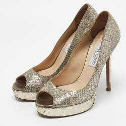 Jimmy Choo Gold/Silver Glitter and Leather Luna Peep Toe Pumps Size 37