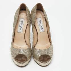 Jimmy Choo Gold/Silver Glitter and Leather Luna Peep Toe Pumps Size 37