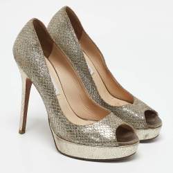 Jimmy Choo Gold/Silver Glitter and Leather Luna Peep Toe Pumps Size 37