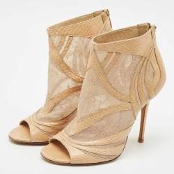 Jimmy Choo Beige Snakeskin Leather and Lace Ankle Length Boots Size 39