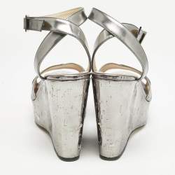 Jimmy Choo Silver Leather Crisscross Strap Wedge Sandals  Size 37.5