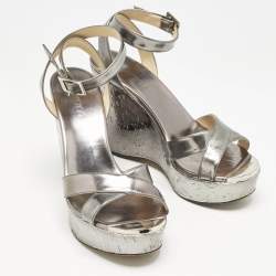 Jimmy Choo Silver Leather Crisscross Strap Wedge Sandals  Size 37.5