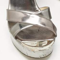 Jimmy Choo Silver Leather Crisscross Strap Wedge Sandals  Size 37.5