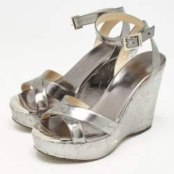 Jimmy Choo Silver Leather Crisscross Strap Wedge Sandals  Size 37.5