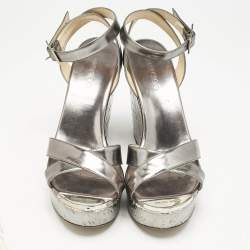 Jimmy Choo Silver Leather Crisscross Strap Wedge Sandals  Size 37.5