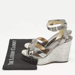 Jimmy Choo Silver Leather Crisscross Strap Wedge Sandals  Size 37.5