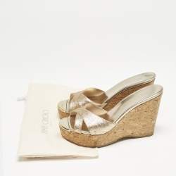 Jimmy Choo Metallic Gold Glitter Prima Cork Platform Wedge Sandals Size 37