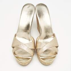 Jimmy Choo Metallic Gold Glitter Prima Cork Platform Wedge Sandals Size 37