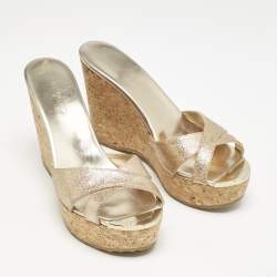 Jimmy Choo Metallic Gold Glitter Prima Cork Platform Wedge Sandals Size 37