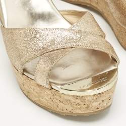 Jimmy Choo Metallic Gold Glitter Prima Cork Platform Wedge Sandals Size 37