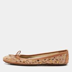Jimmy Choo Brown Leather Crystal Embellished Ballet Flats Size 40