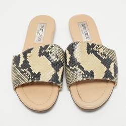 Jimmy Choo Black/Cream Python Embossed Leather Nanda Flat Slide Sandals Size 36.5