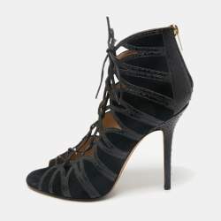 Jimmy Choo Black  Python Leather and Suede Ankle Strap Sandals Size 40.5