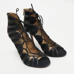 Jimmy Choo Black  Python Leather and Suede Ankle Strap Sandals Size 40.5