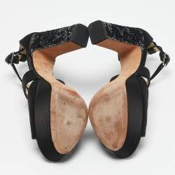 Jimmy Choo Black Glitter and Satin Carrie Ankle Strap Sandals Size 38.5