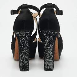 Jimmy Choo Black Glitter and Satin Carrie Ankle Strap Sandals Size 38.5