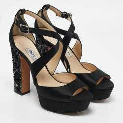 Jimmy Choo Black Glitter and Satin Carrie Ankle Strap Sandals Size 38.5