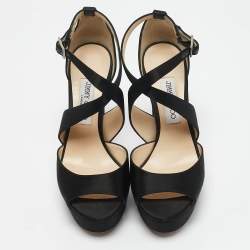Jimmy Choo Black Glitter and Satin Carrie Ankle Strap Sandals Size 38.5