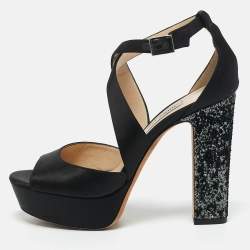 Jimmy Choo Black Glitter and Satin Carrie Ankle Strap Sandals Size 38.5