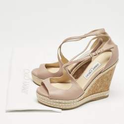 Jimmy Choo Pink  Leather Crisscross Strap Cork Wedge Sandals  Size 37.5