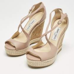 Jimmy Choo Pink  Leather Crisscross Strap Cork Wedge Sandals  Size 37.5