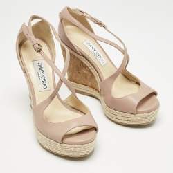 Jimmy Choo Pink  Leather Crisscross Strap Cork Wedge Sandals  Size 37.5