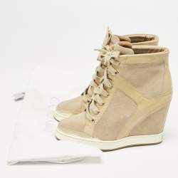 Jimmy Choo Beige Suede and Patent Leather Panama Wedge Sneakers Size 37.5