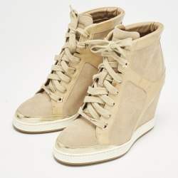 Jimmy Choo Beige Suede and Patent Leather Panama Wedge Sneakers Size 37.5