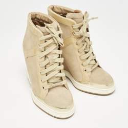 Jimmy Choo Beige Suede and Patent Leather Panama Wedge Sneakers Size 37.5