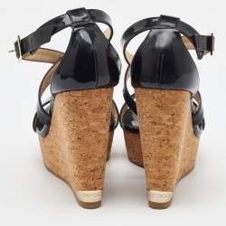 Jimmy Choo Black Patent Leather Portia Cork Platform Wedge Cross Strap Sandals Size 37