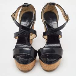 Jimmy Choo Black Patent Leather Portia Cork Platform Wedge Cross Strap Sandals Size 37