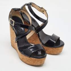 Jimmy Choo Black Patent Leather Portia Cork Platform Wedge Cross Strap Sandals Size 37